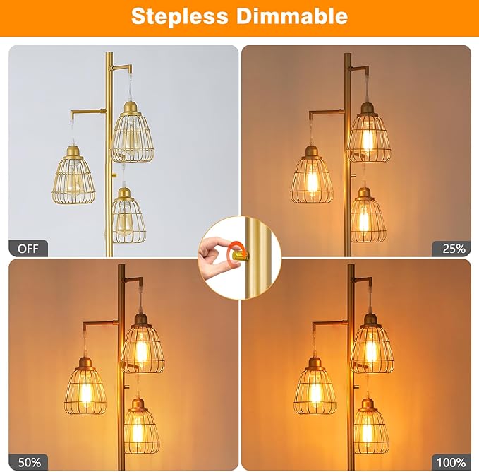 Gold Dimmable 70'' Floor Lamp for Living Room Farmhouse 3-Light Tall Lamp with Bird Caged Lampshade Bedroom Floor Tree Standing Lamp (3xLED Bulb Included) - 315603GD