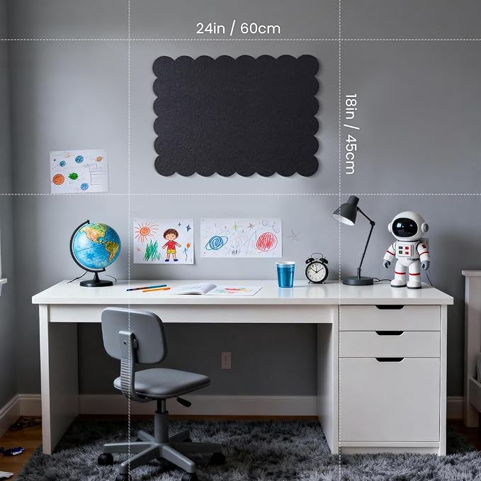 Scalloped Bulletin Board, 24 x 18 Inches Felt Pin Board - Decorative Cork Alternative for Wall, Foldable Picture Self-Adhesive Vision Prayer Board with 20 Pushpins - Black