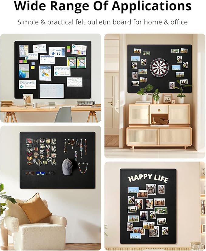 Bulletin Board, 48 x 36 inches Cork Board Alternative, 12 Pack 12"X12"X0.4" Felt Pin Boards for Walls Home Office Decor, Classroom with 60 Adhesive Tabs Black