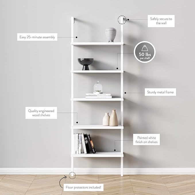 Nathan James White Ladder Bookcase with 5 Shelves