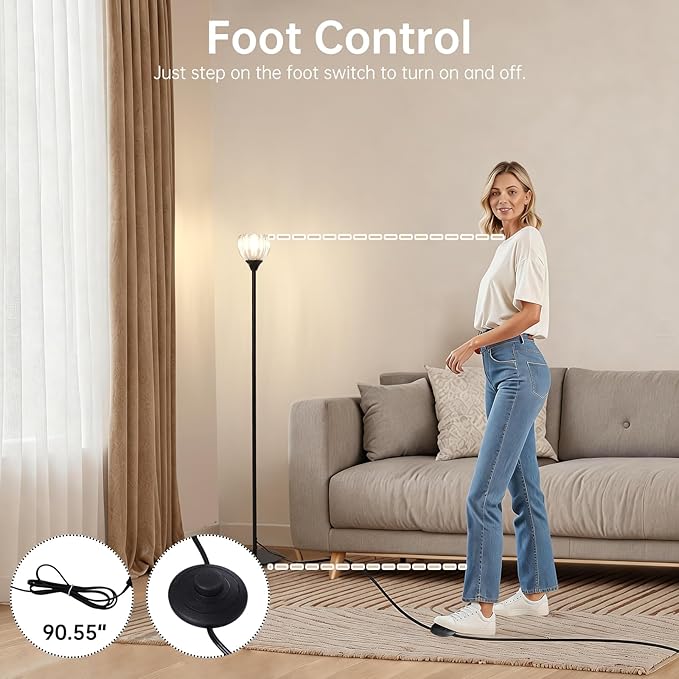 Floor Lamps for Living Room, Bedroom, Black Standing Lamp with 12W Bulb, Vintage Floor Lamp for Reading, Nursery, Corner (Clear Tulip)