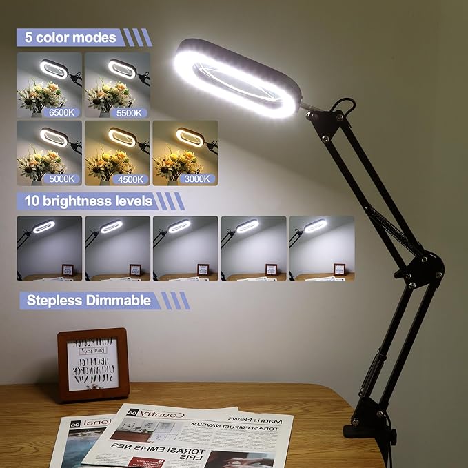 10X Large Rectangle Magnifying Glass with Light and stand, 5*3 Inch Real Glass 5 Color Modes Stepless Dimmable Arm Swing LED Floor Lamp, 3-in-1 Lighted Magnifier for Reading Painting Craft Close Work