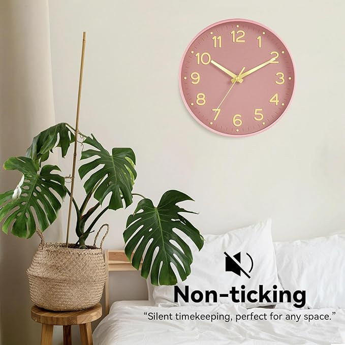 Wall Clock 12 Inch Silent Wall Clocks Battery Operated-Modern Non Ticking Analog Clock Decorative for Kitchen Bedroom Office (Pink Gold)