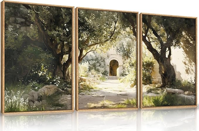Ausril Garden of Gethsemane Landscape Framed Canvas Wall Art, Jerusalem Town Villages Scenery Prints, Jesus Boho Religious Decor, Christian Bible Art Painting for Bedroom Living Room Office 16"x24"x3