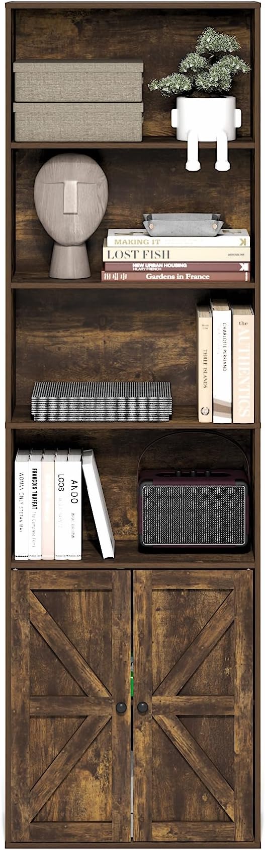 Furinno Jensen Book Shelf, 6-Tier Farmhouse Bookshelf, Display Bookcase with Doors, 9.2" x 21.6" x 71.2", for Organization and Storage, for Living Room, Bedroom, Home Office, Amber Pine