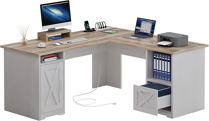 YITAHOME L Shaped Desk with Power Outlets, 60 Inch Computer Desk Corner Desk with File Drawer, Home Office Desk with Monitor Stand & Storage Shelves, L-Shaped Desk with File Cabinet, Grey Wash
