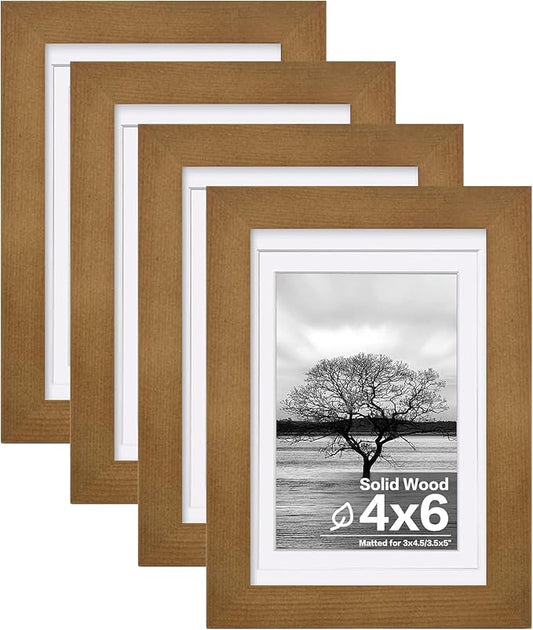 Egofine 4x6 Frames Set of 4, Made of Solid Wood Covered by Plexiglass 3x4.5 and 3.5x5 with Mat or 4x6 without Mat, for Table Top Display and Wall Mounting Photo Frame, Light Brown