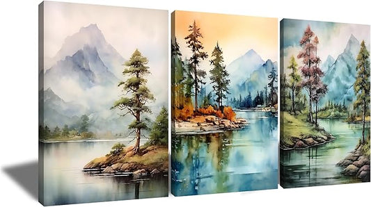 Forest Canvas Wall Art Home Decor 3 Piece Wooden Framed Landscape Watercolor Mountain Green Trees Painting Poster HD Picture Print Artwork for Bedroom Living Room Hotel Ready to Hang [48''Wx24''H]