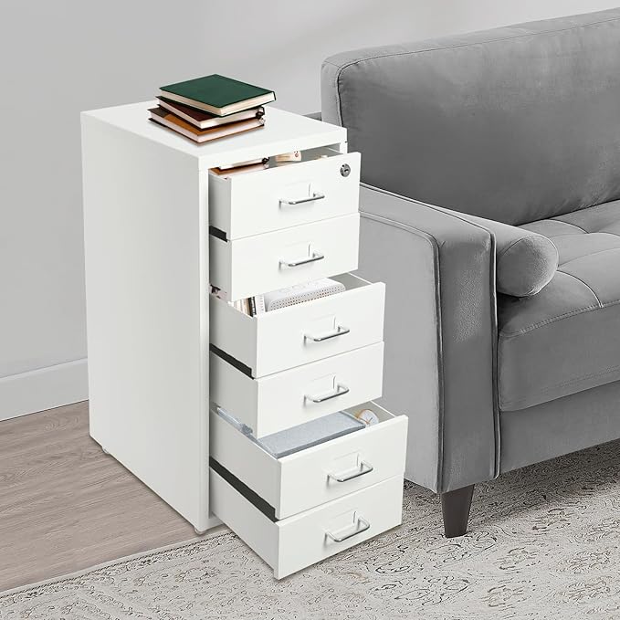 6-Drawer Metal File Cabinet, Mobile File Cabinet with Lock, Rolling Vertical File Cabinet Under Desk for Home Office, 11 * 16 * 27in (White)
