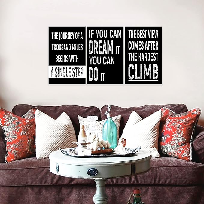 3 Piece Inspirational Wall Art, Black Background Sayings Picture, Quotes Motivational Canvas Prints for Gym Wall Decor, Triptych Entrepreneur Painting Framed Artwork for School Decor (48"Wx24" H)