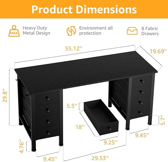 DLisiting Black Gaming Desk with Fabric Drawers on Both Sides, 55 Inch Home Office Computer Study Writing Work PC Desk with 8 Storage Drawers Storage for Bedroom