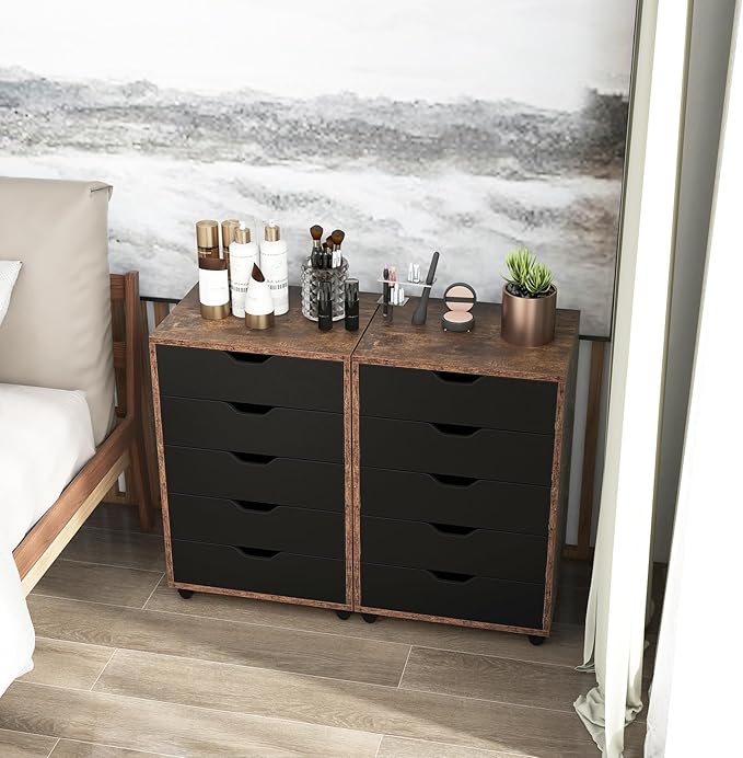 5 Drawers File Cabinet, Vertical Filing for Home Office, Mobile Under Desk Storage With Wheels, Modern Chest of Drawers for Bedroom (Rustic Brown)