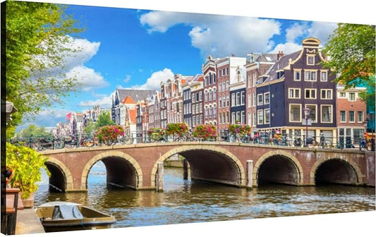 Canvas Wall Art for Living Room Bedroom Amsterdam downtown Amstel river old houses and a bridge Nice view the Big Large Wall Art Decor Framed Painting Wall Pictures Prints Artwork Office