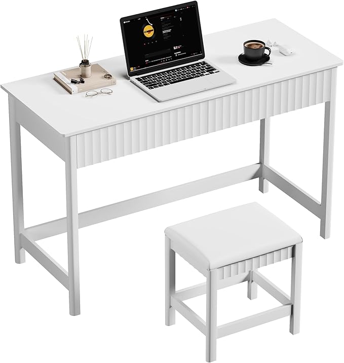 ChooChoo 47.2 Inch Modern Desk with Drawers, Makeup Vanity Desk with Padded Stool, Writing Computer Desk for Home Office & Bedroom, White