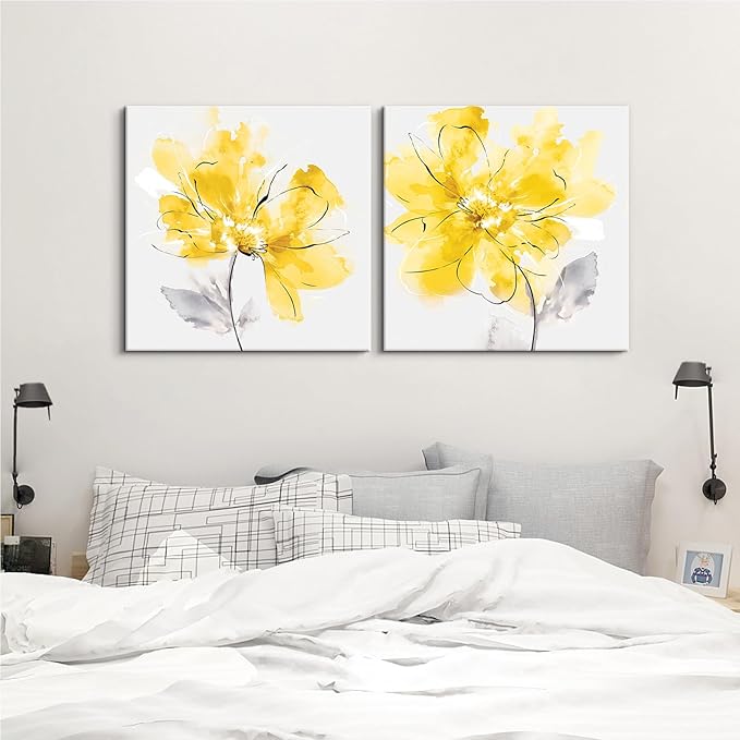 SEVEN WALL ARTS Yellow Flowers Wall Art 2 pcs Floral Pictures for Bathroom Abstract Canvas Flowers Wall Decor Botanical Poster Print for Living Room Bedroom Home Decor 24"x24"