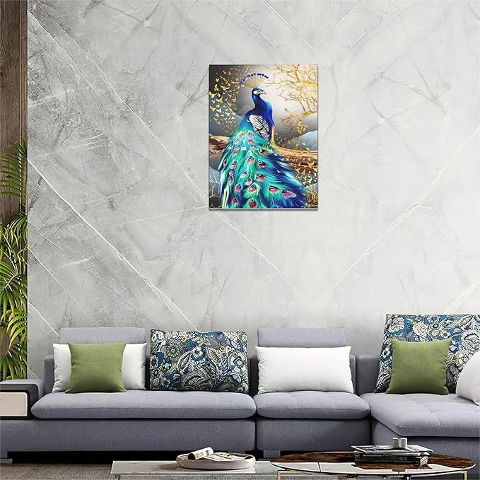 yerretin Peacock Wall Art Peacock Golden Tree Pictures Wall Decor Bird Canvas Painting Modern Decoration Artwork for Bathroom Living Room Bedroom Office Framed 12"x16"