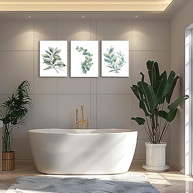 Green leaves Plants Canvas Wall Art for Living Room modern Bathroom Wall Decor for Bedroom Kitchen Home Decorations 3 panel Watercolor painting Canvas Prints Posters Artwork office mural Art works