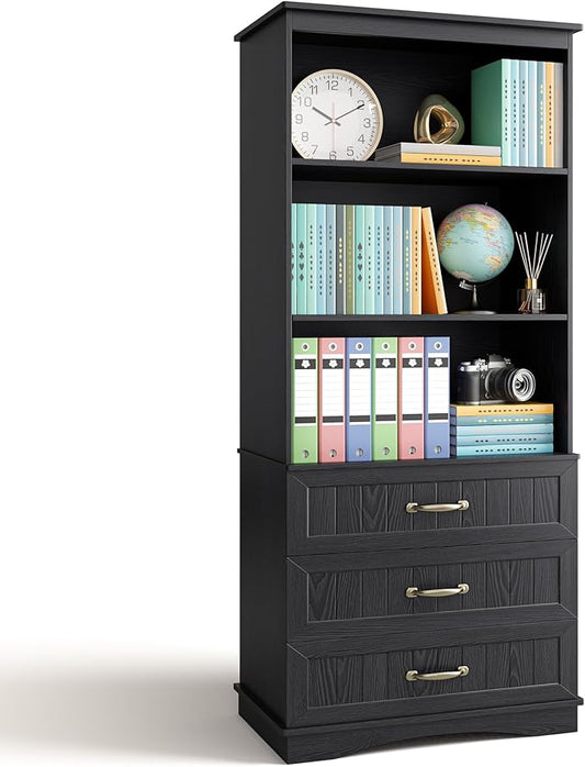 Gizoon 70'' Tall Bookcase with 3 Drawers Wooden Bookshelf with Storage Cabinet Multifunctional Book Storage Organizer for Office Living Room and Bedroom，Black