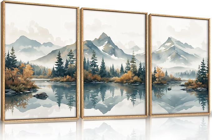 HLNIUC Large White Mountain Wall Art Framed, Snowy Green Forest Decor Set of 3 (16"x24"), Watercolor Winter Misty Nature Prints, Foggy Lake Landscape Canvas Painting for Living Room, Bedroom, Office