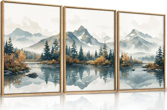 HLNIUC Large White Mountain Wall Art Framed, Snowy Green Forest Decor Set of 3 (24"x36"), Watercolor Winter Misty Nature Prints, Foggy Lake Landscape Canvas Painting for Living Room, Bedroom, Office