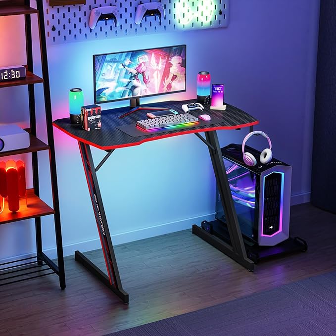 PayLessHere | 35" Gaming Table | Red | Z-Shaped Computer Desk with Steel Frame, Headphone Hook, Adjustable Feet | Carbon Fiber Texture Surface, Sweat & Waterproof | for Gaming, Home Office