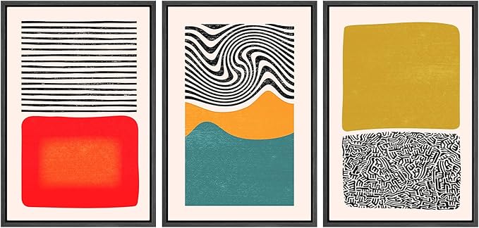 SIGNWIN Framed Canvas Print Wall Art Set Mid-Century Color Blocks & Spirals Abstract Shapes Illustrations Modern Art Contemporary Minimal Ultra for Living Room, Bedroom, Office - 16"x24"x3 Black
