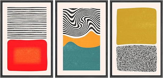 SIGNWIN Framed Canvas Print Wall Art Set Mid-Century Color Blocks & Spirals Abstract Shapes Illustrations Modern Art Contemporary Minimal Ultra for Living Room, Bedroom, Office - 16"x24"x3 Black
