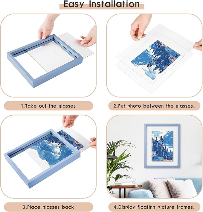 MUYE 11x14 Floating Frame Set of 2,Double Real Glass Photo Frame,Display Any Size Photo up to 11x14,Wall Mount or Tabletop Standing,Blue