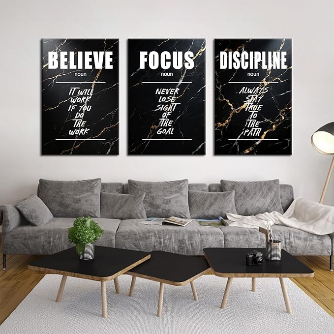 Inspirational Believe Focus Discipline Positive Wall Art Entrepreneur Quotes Print Picture Modern Wooden Canvas Framed Artwork for Home Living Room Office Artwork Stretched and Framed [72''Wx36''H]