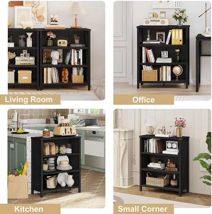 BON AUGURE Small Bookshelf, 3 Tier Black Book Shelf, Farmhouse Storage Bookcase, Short Wooden Book Cases for Small Space, Office, Bedroom, Living Room (Black Oak)