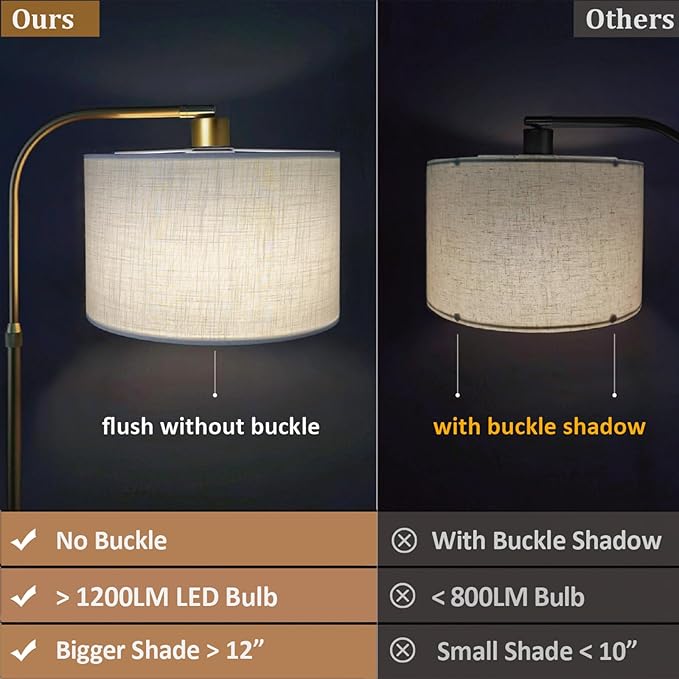 Gold Floor Lamp with Remote Control, 1200 Lumens Adjustable Height Dimmable Arc Floor Lamp for Living Room, Modern Gold Standing Lamp for Bedroom, Office, LED Smart Bulb Included