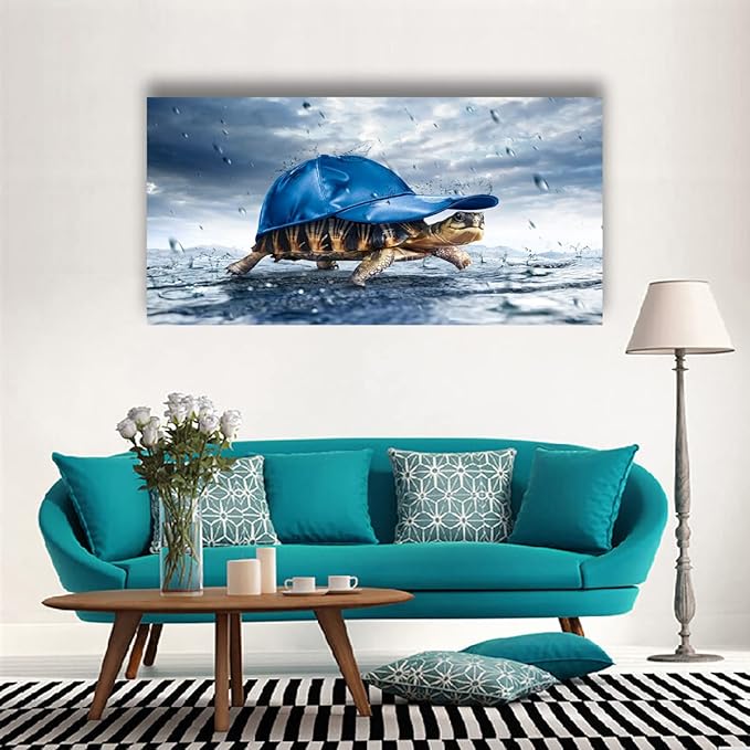 Haichuang Decor Art Funny Turtle Canvas Wall Art 40x20 Inches Framed Turtle with Blue Cap Wall Decor Wood Frame Waterproof HD Giclee Print Ready to Hang Humor Animal Artwork for Living Room Bedroom Bathroom