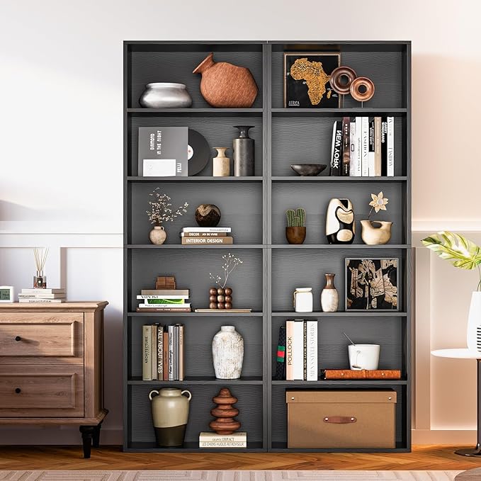 MXV Bookshelf Set of 2, 6 Tier Bookcase, Book Shelf Open Storage Organization, Floor Standing Display Bookshelves and Office Storage Stand for Living Room, Home Office, Dinning Room, Black