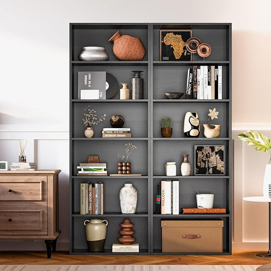 MXV Bookshelf Set of 2, 6 Tier Bookcase, Book Shelf Open Storage Organization, Floor Standing Display Bookshelves and Office Storage Stand for Living Room, Home Office, Dinning Room, Black