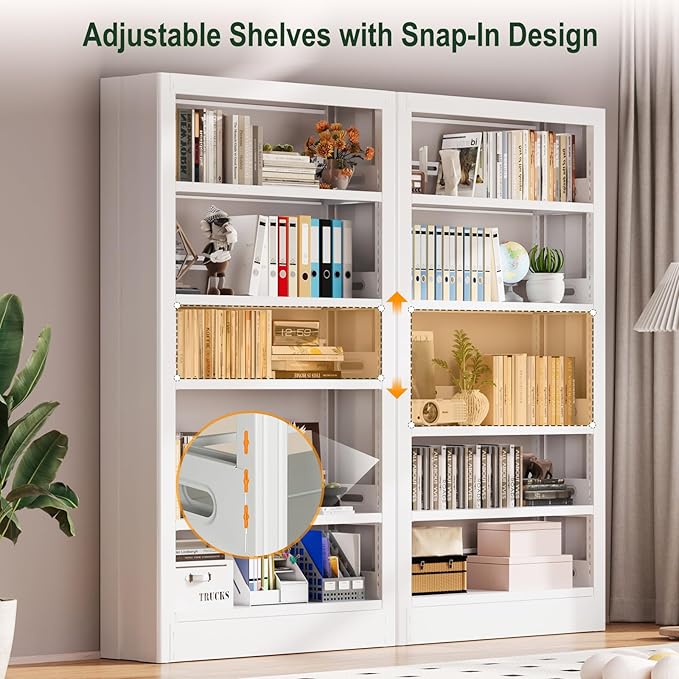 Metal Bookshelf, 5-Tier Bookcase with Adjustable Storage Shelf, 71" Tall Bookcases Heavy Duty bookcase with Bookends, Modern Bookshelf for Living Room, Library, Bedroom,Includes Book Stoppers-White