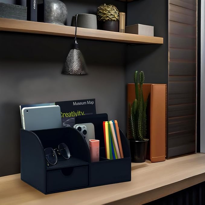 UnionBasic Desk Organizer - Multifunctional Leather Desktop Pen Holder Storage Box - Business Card/Pen/Pencil/Mobile Phone/Stationery Holder, Black