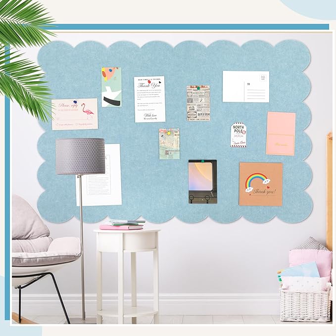 Scalloped Felt Bulletin Board 72 x 48 Inches Foldable Light Blue Pin Cork Board Alternative for Wall, 6' x 4' Trifold Picture Vision Self Adhesive Bulletin Decorative