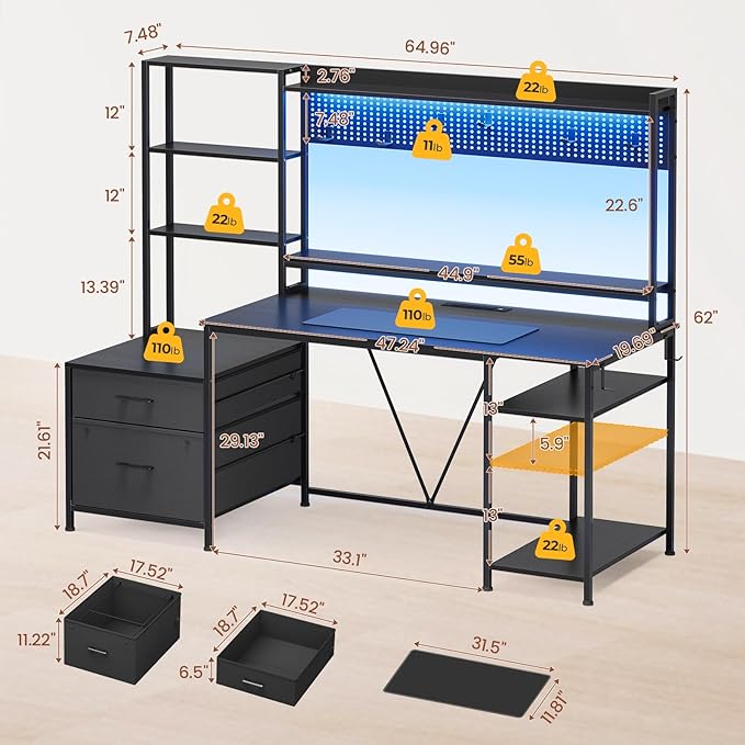 Gaming Desk with Hutch, 65in Reversible Computer Desk with Power Outlets LED Light, Home Office Desk with Monitor Stand 2 Drawers 4 Storage Shelves Pegboard 8 Hooks Mouse Pad (Black)