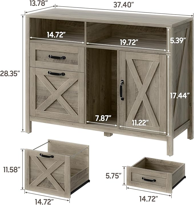 Vabches Lateral File Cabinet, Farmhouse 2 Drawer File Cabinet with Open Storage Shelf for Letter/Legal/A4 Size Hanging Files, Large Wood Storage Cabinets Printer Stand for Home Office, Rustic Grey