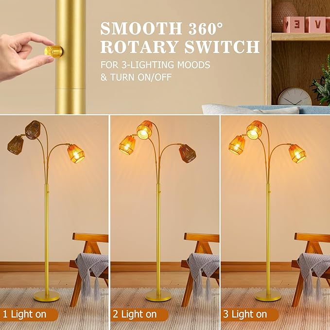 9MMML Vintage Gold Arc Floor Lamp with Rotatable Arms & Rattan Lampshade, 3-Light Mode Rotary Switch Adjustable, 72.5'' Tall Standing Lamp for Living Room, Bedroom, E26 Base