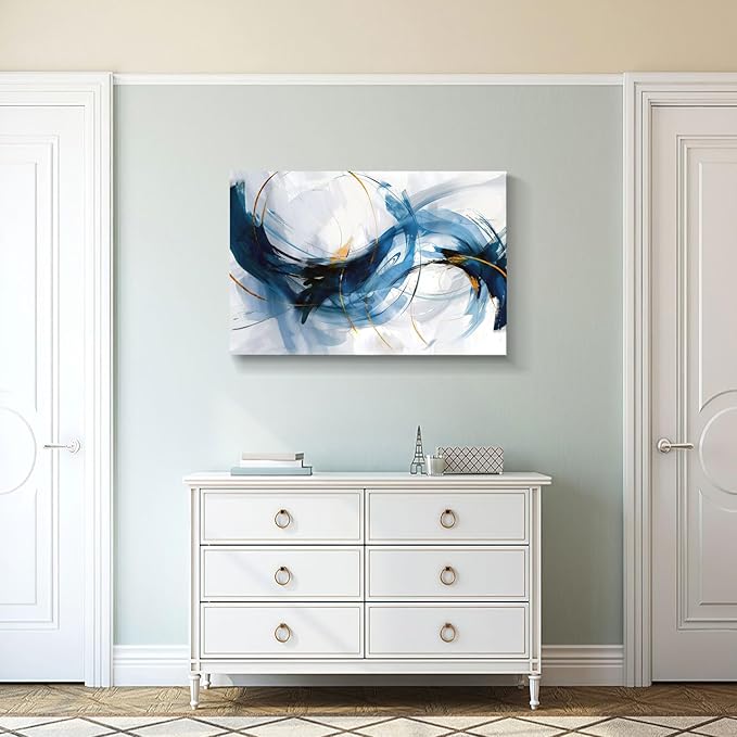 gaosoul Modern Abstract Canvas Wall Art Vibrant Blue Gold Lines Doodled on White Background Paintings Stylish Framed Minimalism Artwork Prints for Living Room Bedroom Office Decor 36x24in