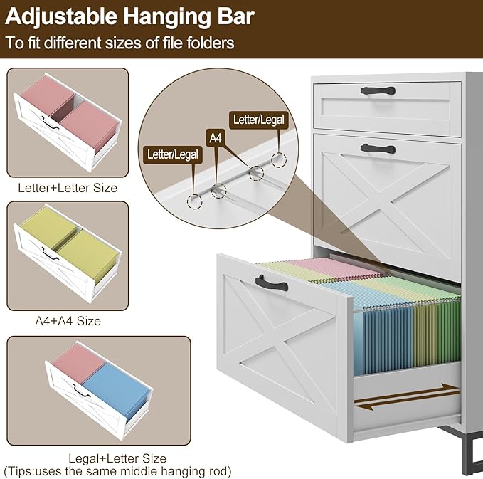 Vabches Lateral File Cabinet with 3 Drawers, Modern Farmhouse File Cabinet for Legal/Letter/A4 Size Hanging Files, Large Wood Printer Stand Home Office, White