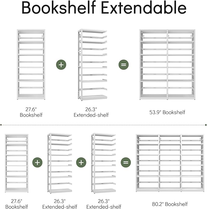 [Heavy Duty] Metal 5 Tier Bookshelf, 68" Tall Bookcase, Large Open Storage Shelf, Floor Standing Bookshelves and Bookcases for Home Office, Library, Living Room, Bedroom, White, Assemble Required