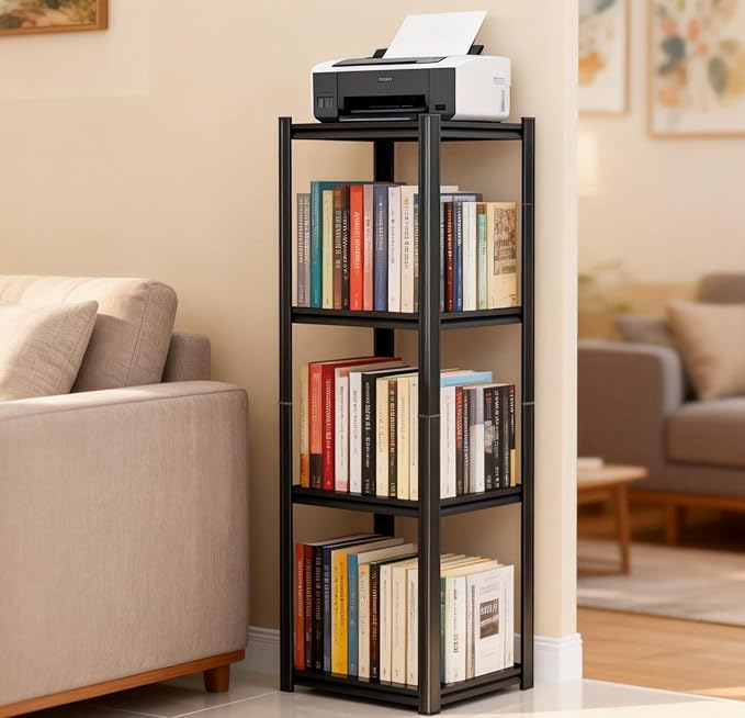 4-Tier Bookshelf, Modern Metal Book Shelf, 1200LBS Industrial Tall Display Bookcase, Adjustable Bolt-Free Storage Shelves for Living Room, Bedroom, Garage, Kitchen, 13.7" W x12 D x44 H