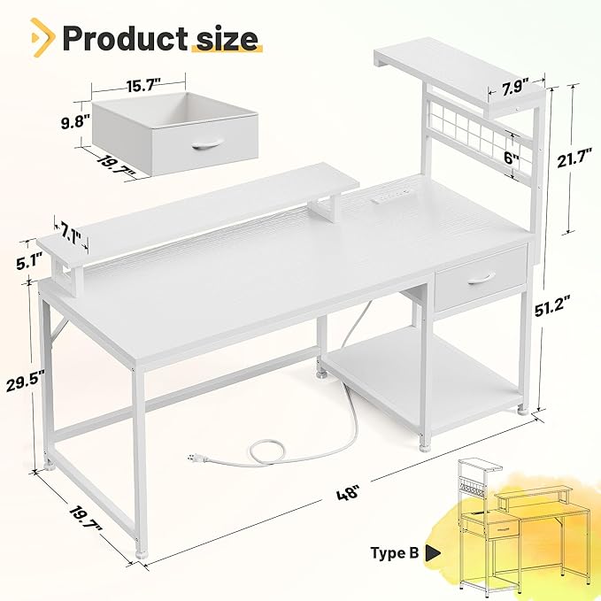 EnHomee 48" Computer Desk with Drawer & Storage Shelves, Home Office Desk with Monitor Stand, Gaming Desk with LED Lights & Power Outlets for Living Room, Study Room, Gaming Room, White
