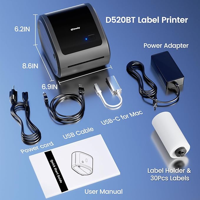Bluetooth Shipping Label Printer 4x6 - D520BT Thermal Label Printer for Small Business, Thermal Printers with Built-in Label Holder, Compatible with USPS, Tiktok, Amazon