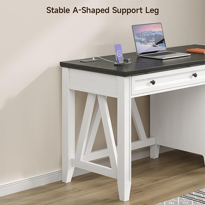 ONBRILL 54 Inch Farmhouse Executive Desk, Computer Desk with Storage Drawers & File Drawer, Modern Home Office Desk with Charging Station for Working, Studying, Writing, Brown (White)
