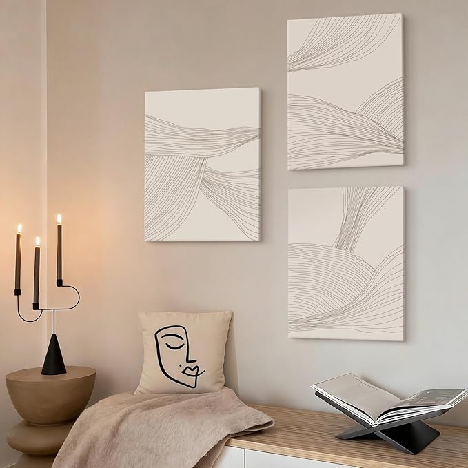Netural Abstract Wall Art Set of 3,Beige Tones Line Art Prints,Modern Abstract Art Wall Decor Living Room,Minimlist Boho Framed Canvas Artwork,Bohemian Bathroom Bedroom Decor,12x16in