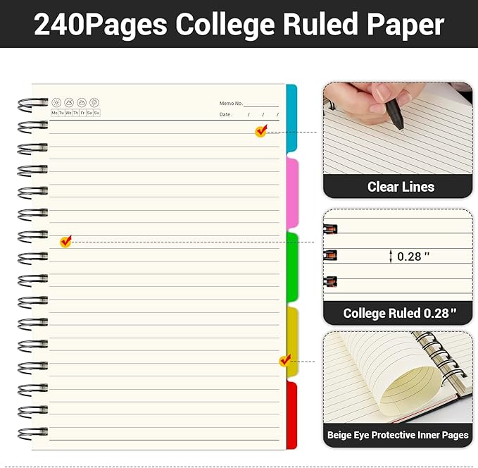 EUSOAR 5 Subject Notebook College Ruled, 1 Pack A4 11" x 8-1/2", 100GSM Line Paper,120 Sheets/ 240 Pages, Thick Hardcover Large Journal Notebooks with Dividers for School Office Note Taking Travel