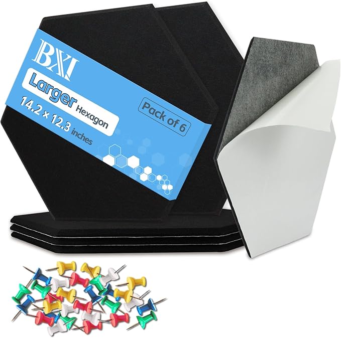 BXI Hexagon Felt Bulletin Board - 14.2 X 12.3 X 3/8 Inches 6 Pcs Self-Adhesive Poster Cork Board 30 Push Pins, Thick Pin Tiles Display Vision Board, Photo Picture Panels for Home Office Classroom